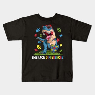 Embrace Differences Autism Awareness Dinosaur Puzzle Kids T-Shirt